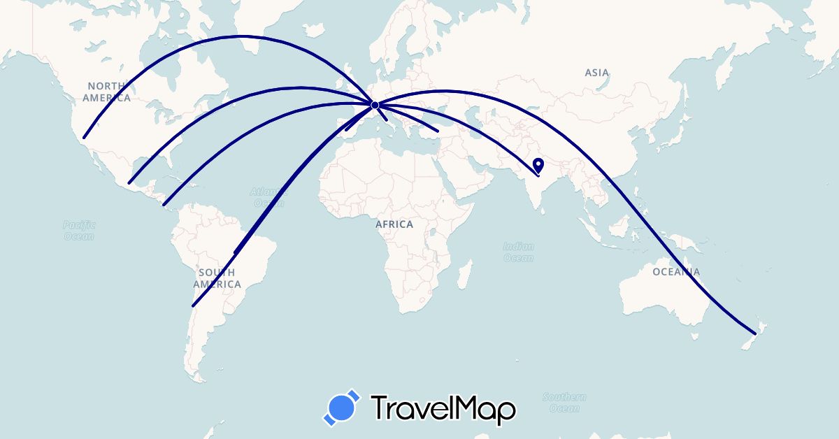 TravelMap itinerary: driving in Brazil, Switzerland, Chile, Costa Rica, Spain, India, Italy, Mexico, New Zealand, Turkey, United States (Asia, Europe, North America, Oceania, South America)