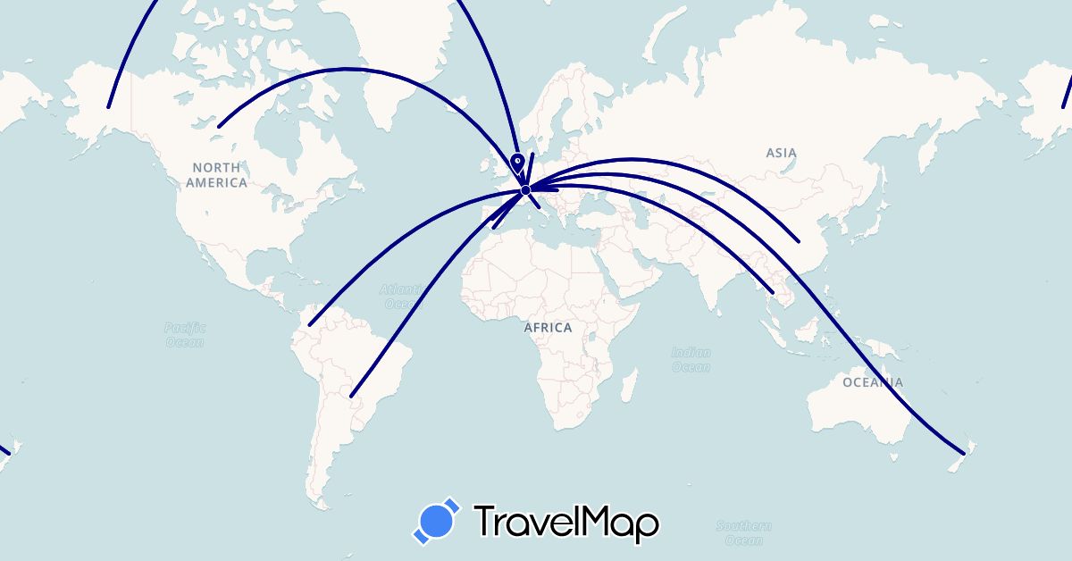 TravelMap itinerary: driving in Belgium, Canada, Switzerland, China, Colombia, Denmark, Spain, Hungary, Italy, Netherlands, New Zealand, Paraguay, Thailand, United States (Asia, Europe, North America, Oceania, South America)